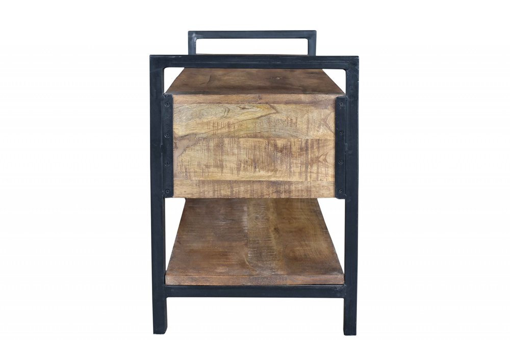 46" Natural and Black Metal Distressed Solid Wood Storage Bench with Drawers