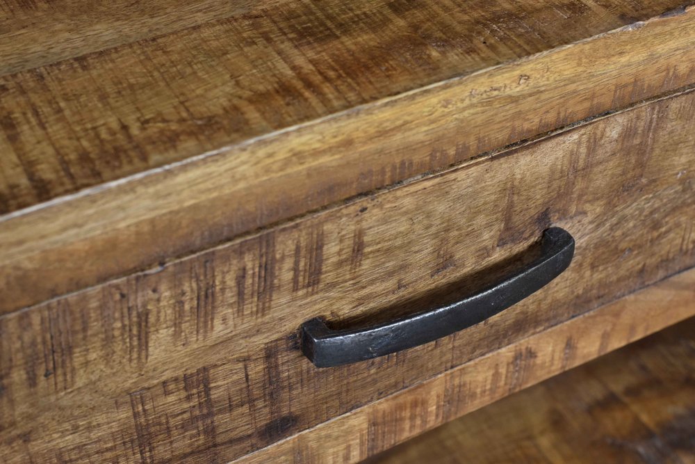 46" Natural and Black Metal Distressed Solid Wood Storage Bench with Drawers
