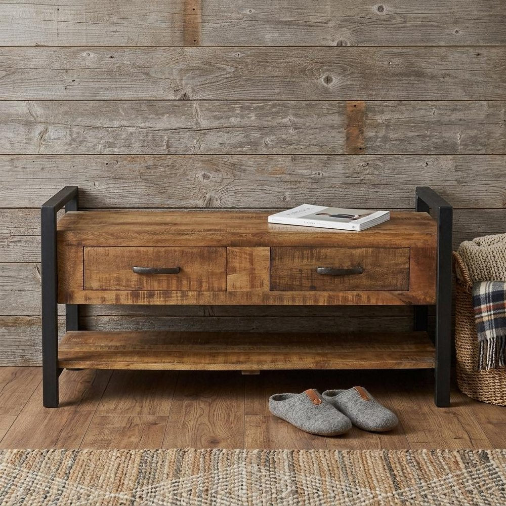 46" Natural and Black Metal Distressed Solid Wood Storage Bench with Drawers