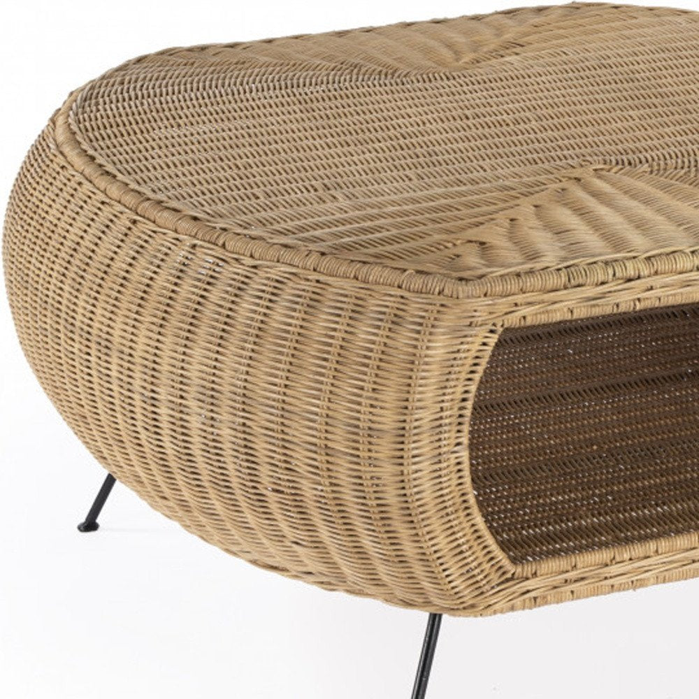 38" Natural and Black Rattan and Iron Oval Coffee Table