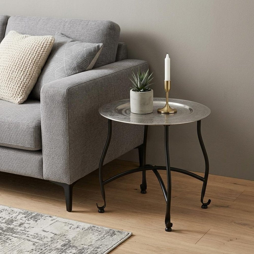 14" Black And Silver Aluminum Round End Table