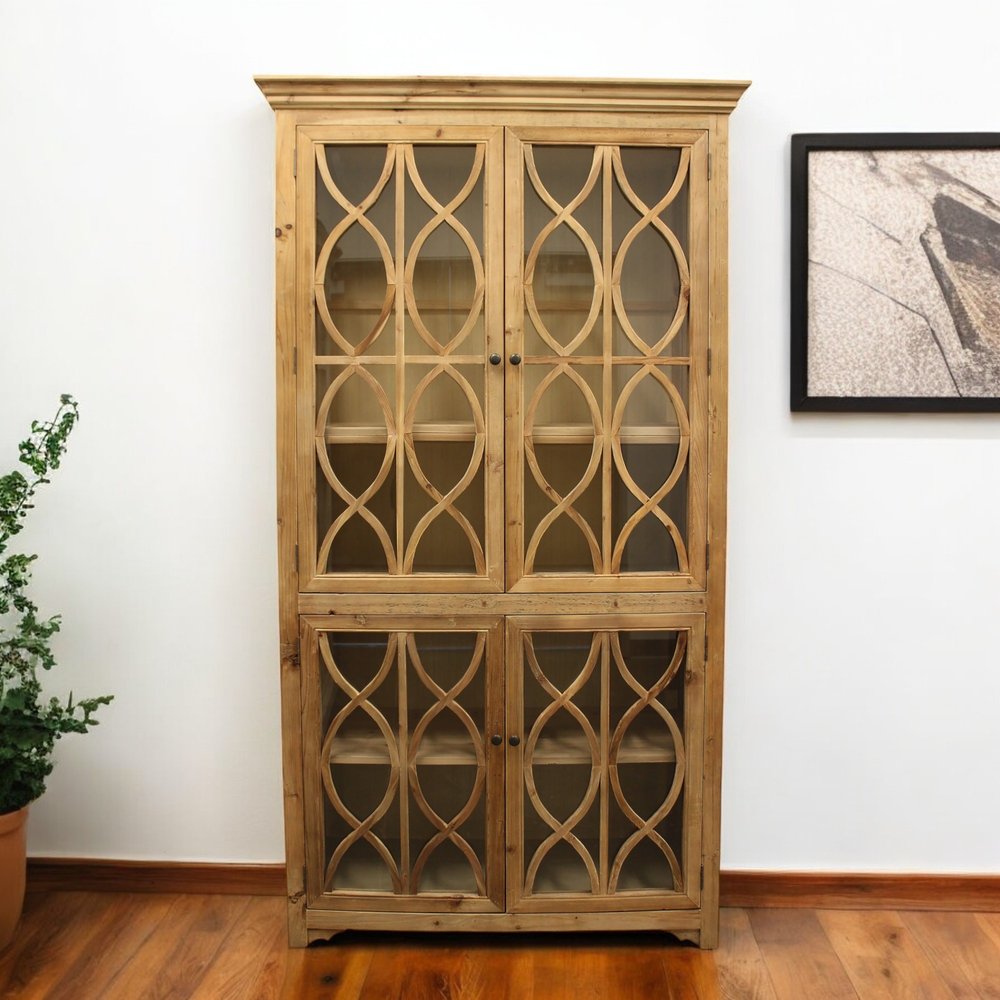 47" Natural Solid Wood Carved Geometric Accent Cabinet With Four Doors