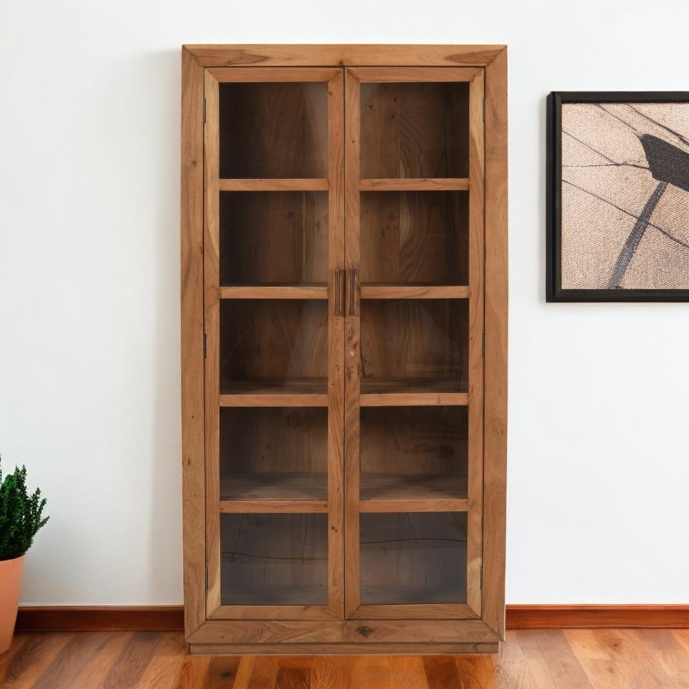 80" Brown Solid Wood Display Stand With Two Doors