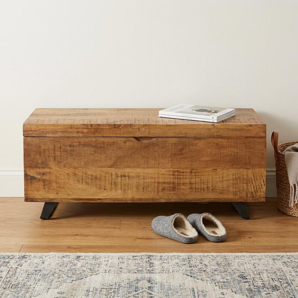 46" Brown and Black Distressed Solid Wood Storage Bench with Flip Top