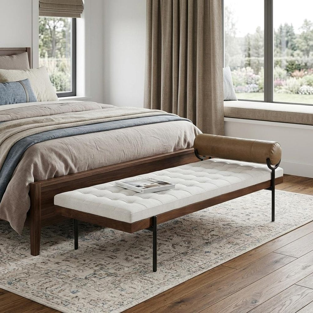 72" Ivory Brown And Black Tufted Cotton Wood And Metal Cushioned Bench With Pillow