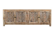 86" Natural Carved Floral Distressed Solid Wood Enclosed Storage TV Stand