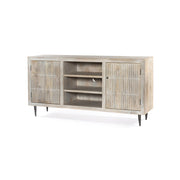 60" Ivory Carved Geometric Distressed Solid Wood Enclosed and Open Storage TV Stand