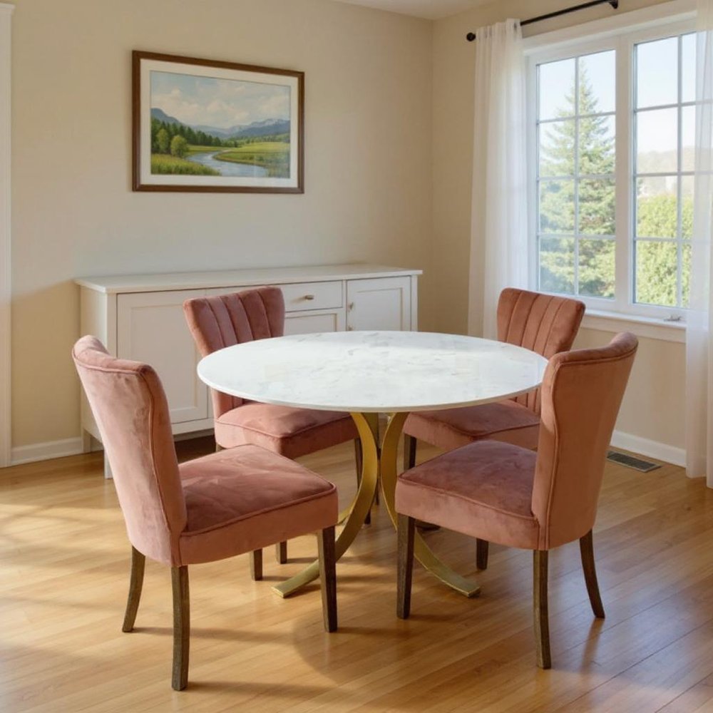 Five Piece Ivory and Gold Round Marble Dining Set with Four Chairs