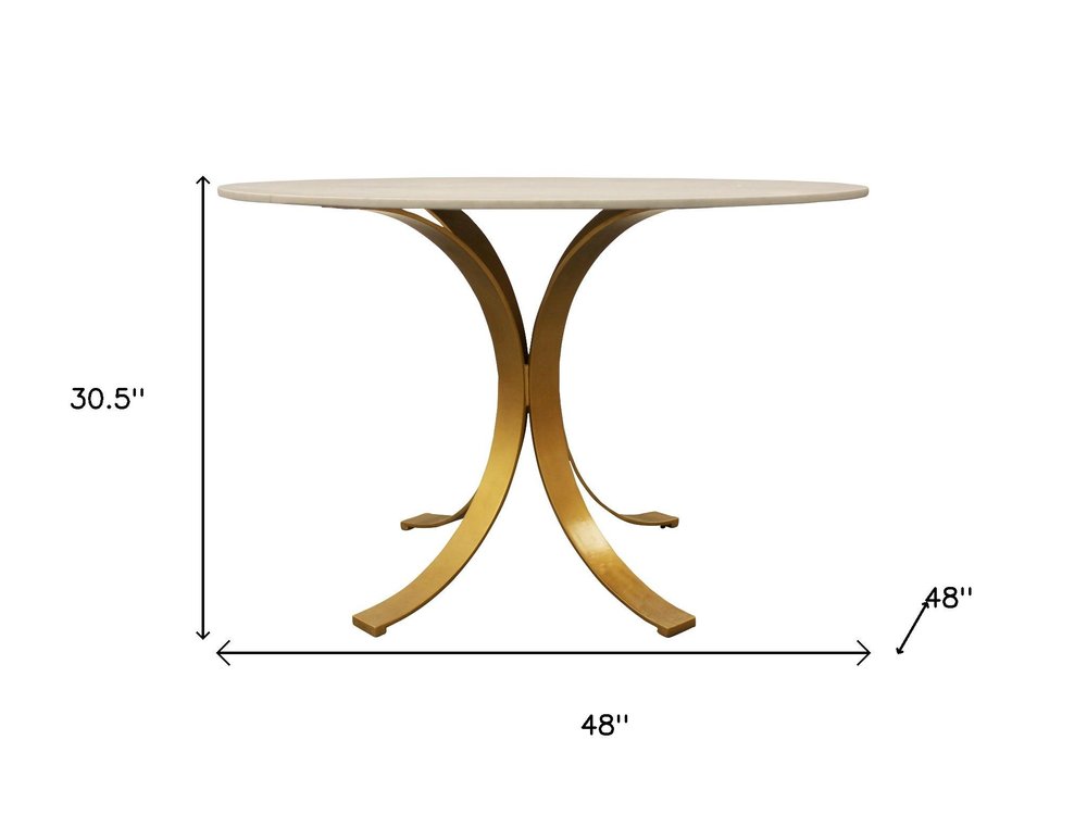 Five Piece Ivory and Gold Round Marble Dining Set with Four Chairs