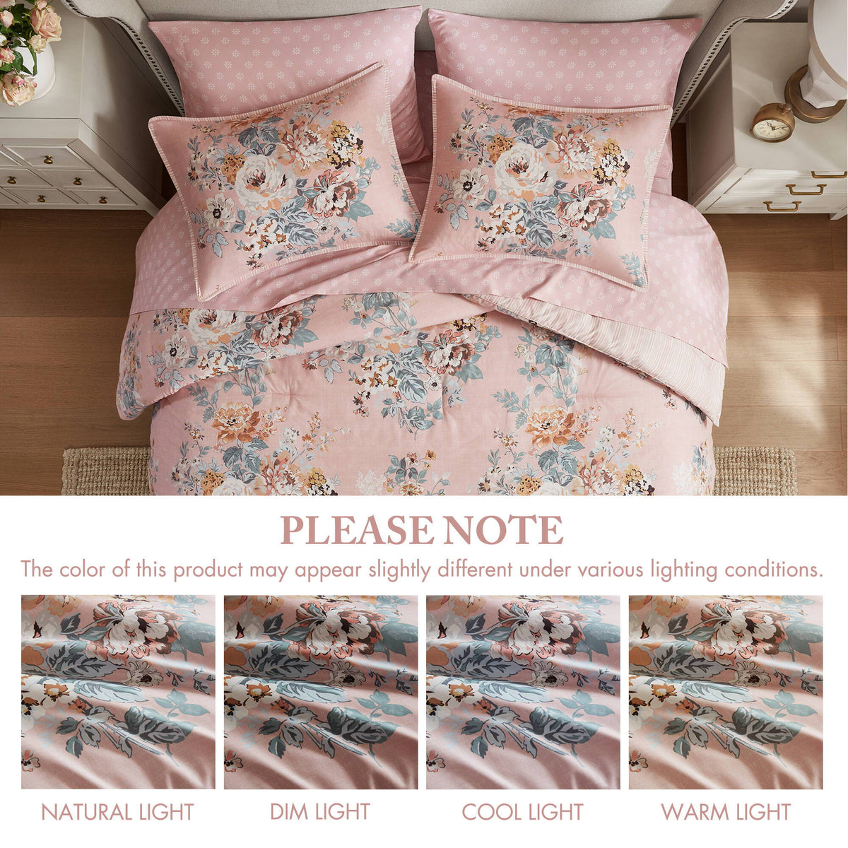 Heather - California King 7 Piece Vintage-Inspired Floral Print - Pink