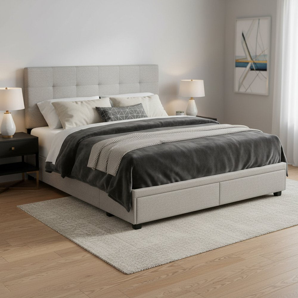 Gray Tufted Linen Upholstered Queen Bed Frame With Drawers
