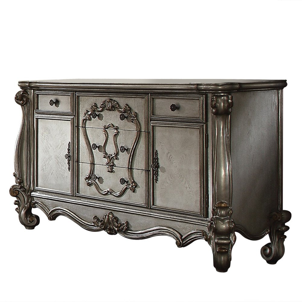 70" Platinum Carved Scrollwork Wood And Polyresin Five Drawer Triple Dresser