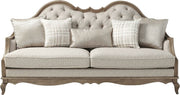 86" Brown And Beige Upholstered Solid Wood Sofa With Toss Pillows