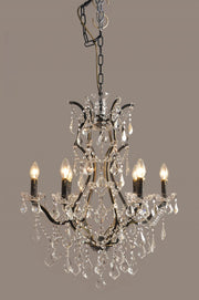 Black Candle Style Six Light Metal and Crystal Glass Chandelier