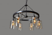 Black Shaded Six Light Metal and Transparent Glass Chandelier With Clear Shades