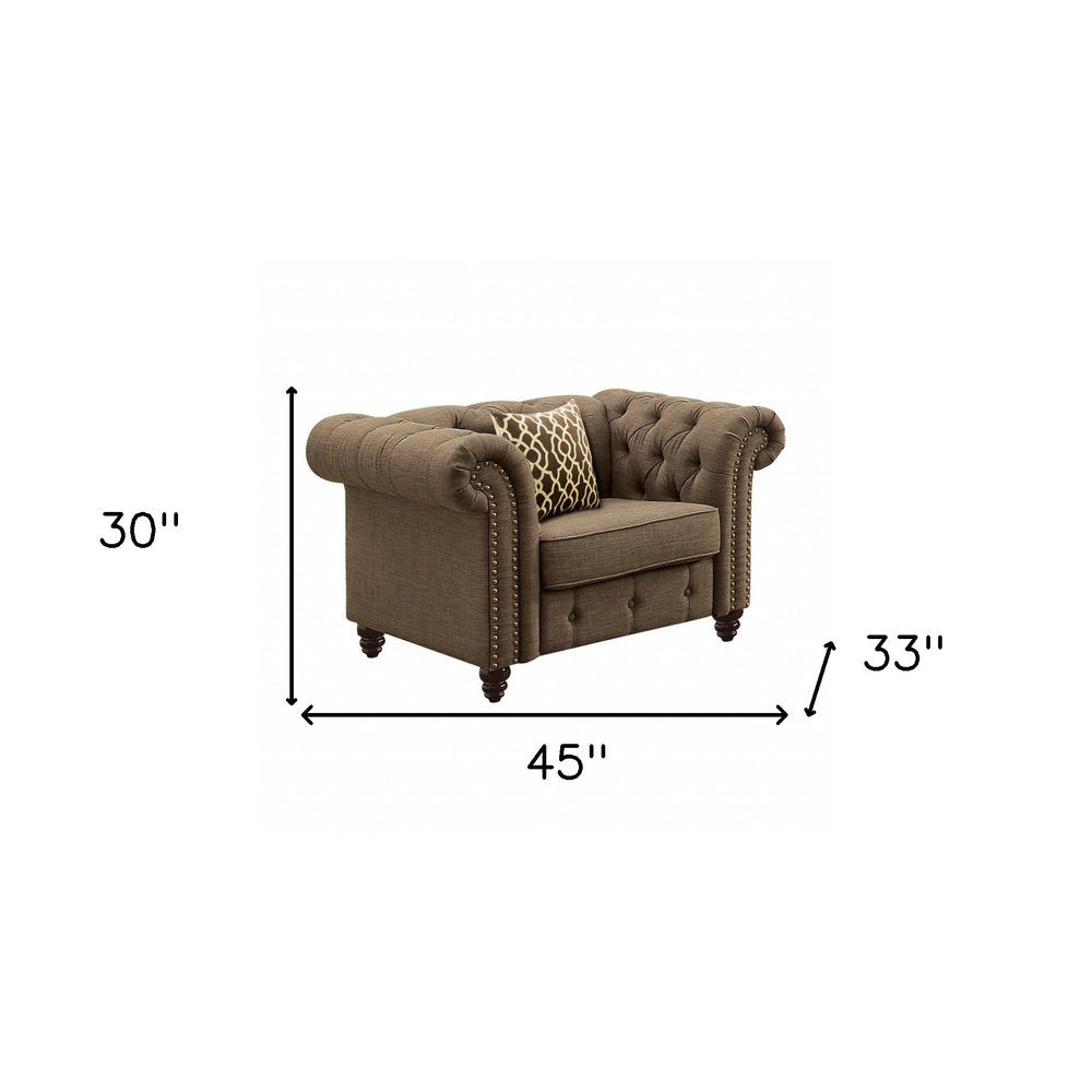 45" Brown and Black Linen Tufted Chesterfield Chair And Toss Pillow