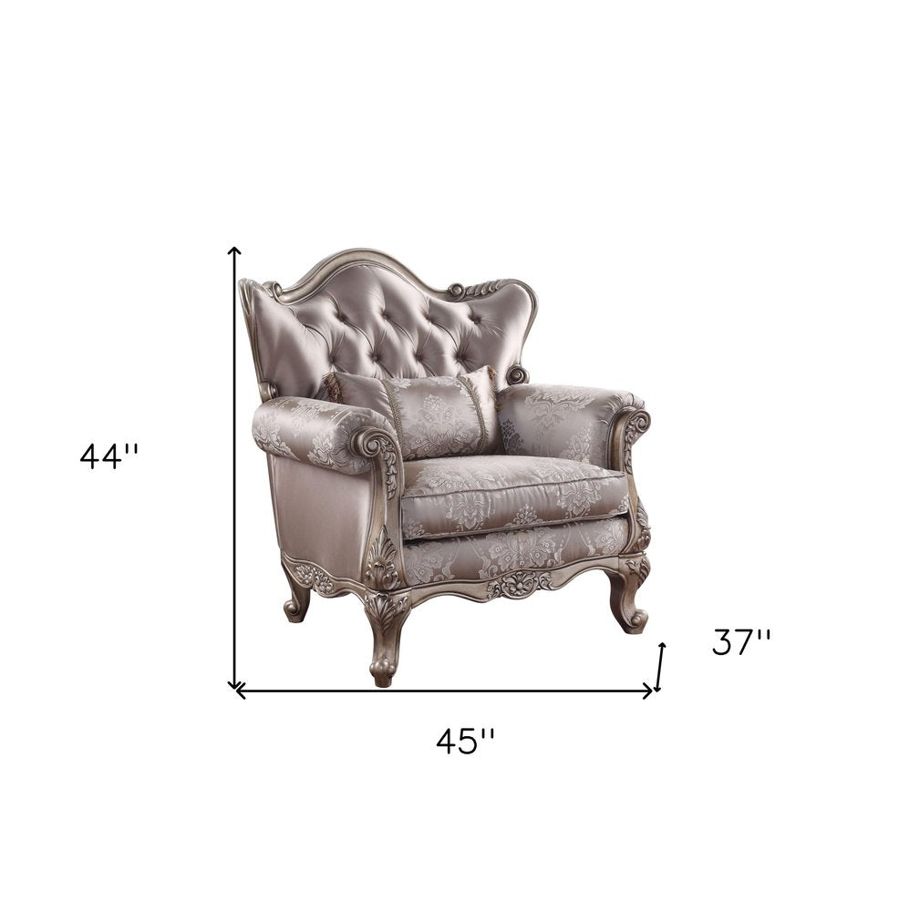 45" Champagne Fabric Floral Tufted Arm Chair And Toss Pillow