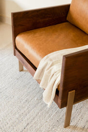 31" Brown Top Grain Leather And Solid Wood Arm Chair