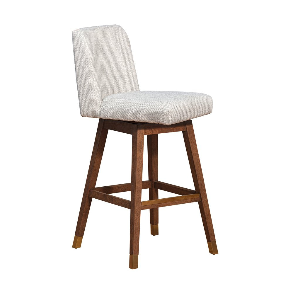 30" Beige and Wood Brown Solid Wood Bar Height Swivel Bar Chair