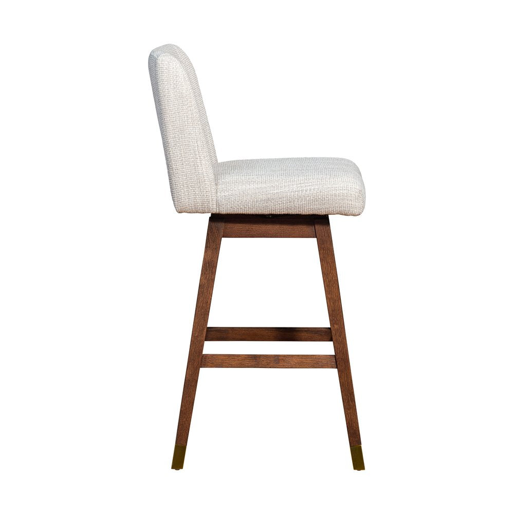 30" Beige and Wood Brown Solid Wood Bar Height Swivel Bar Chair