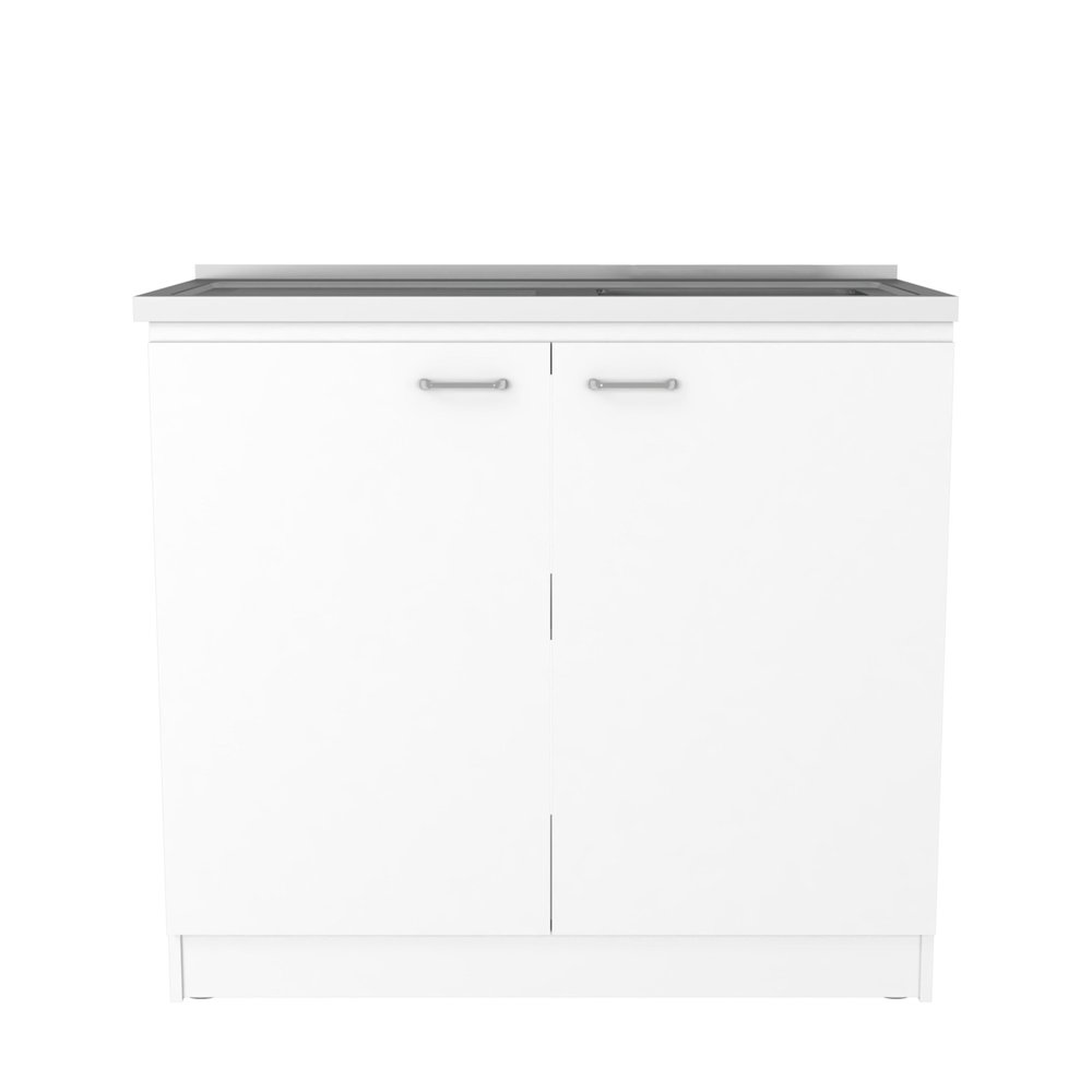 35" X 59" Natural And White Stainless Steel and Wood Counter And Utility Cabinet Utility Sink