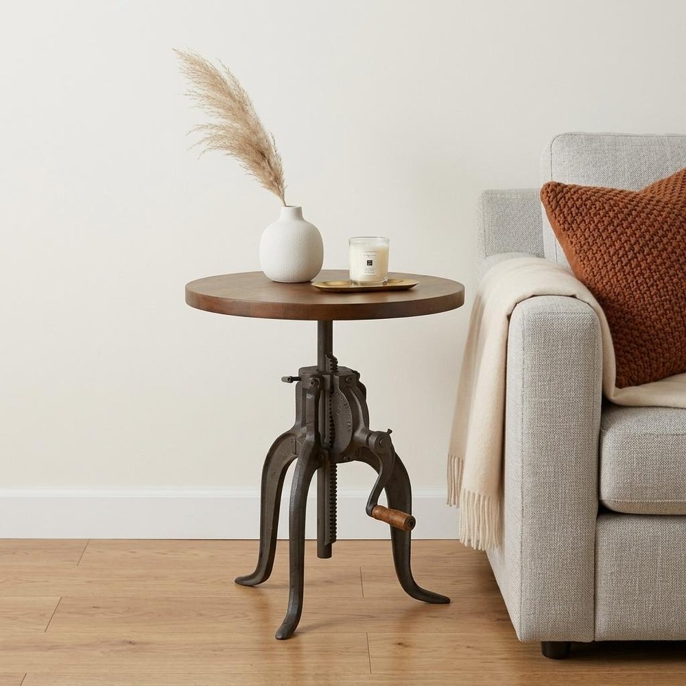 19" Industrial And Oak Solid Wood Round End Table