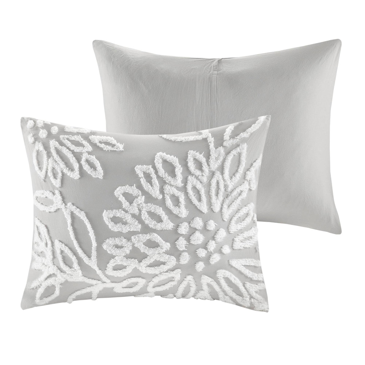 Veronica - King 3 Piece Tufted Floral Comforter Set - Gray / White