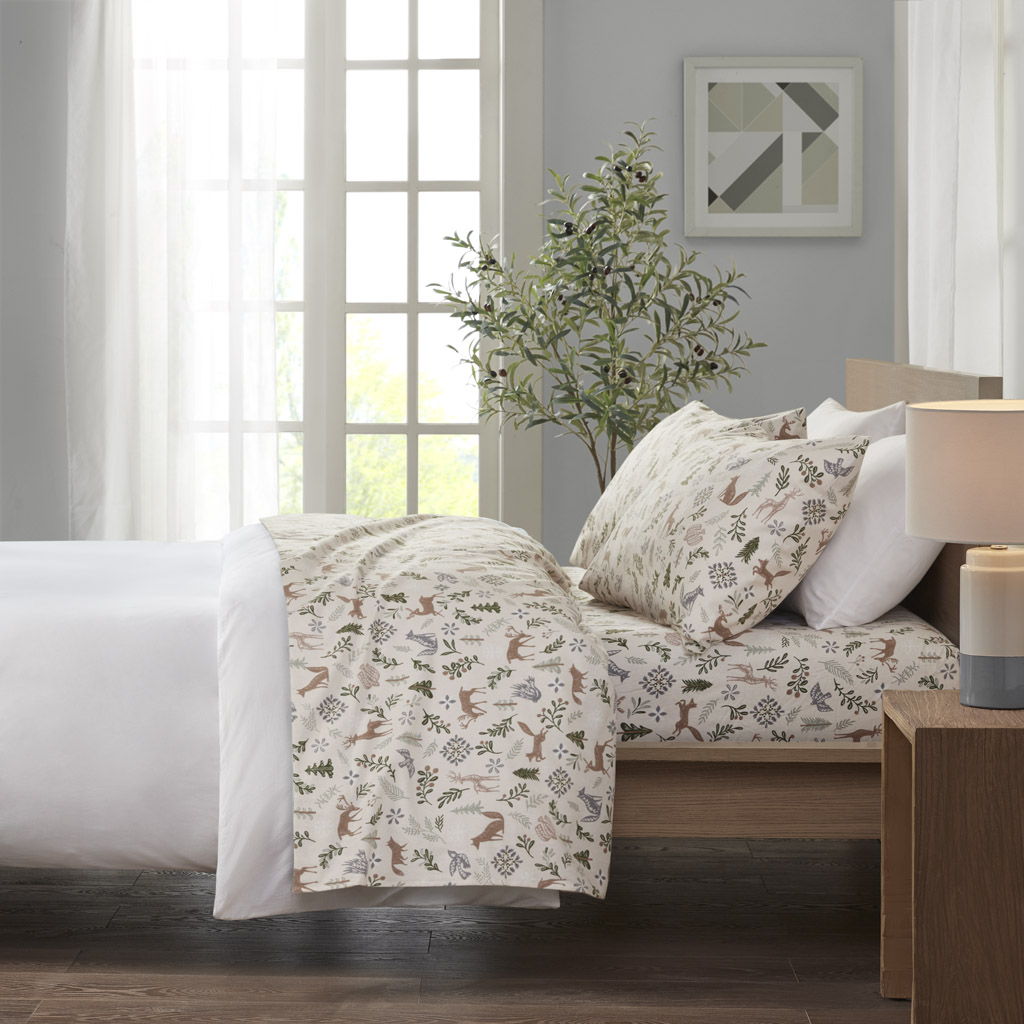 Cozy Flannel - 4 Piece King Printed Sheet Set - Tan land Winter