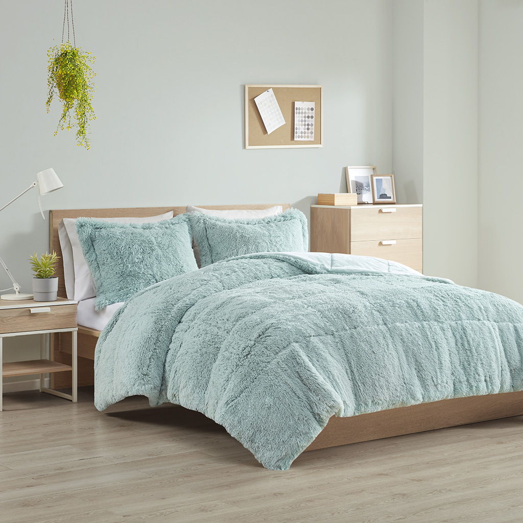 Malea - Twin Shaggy Long Comforter Mini Set - Aqua