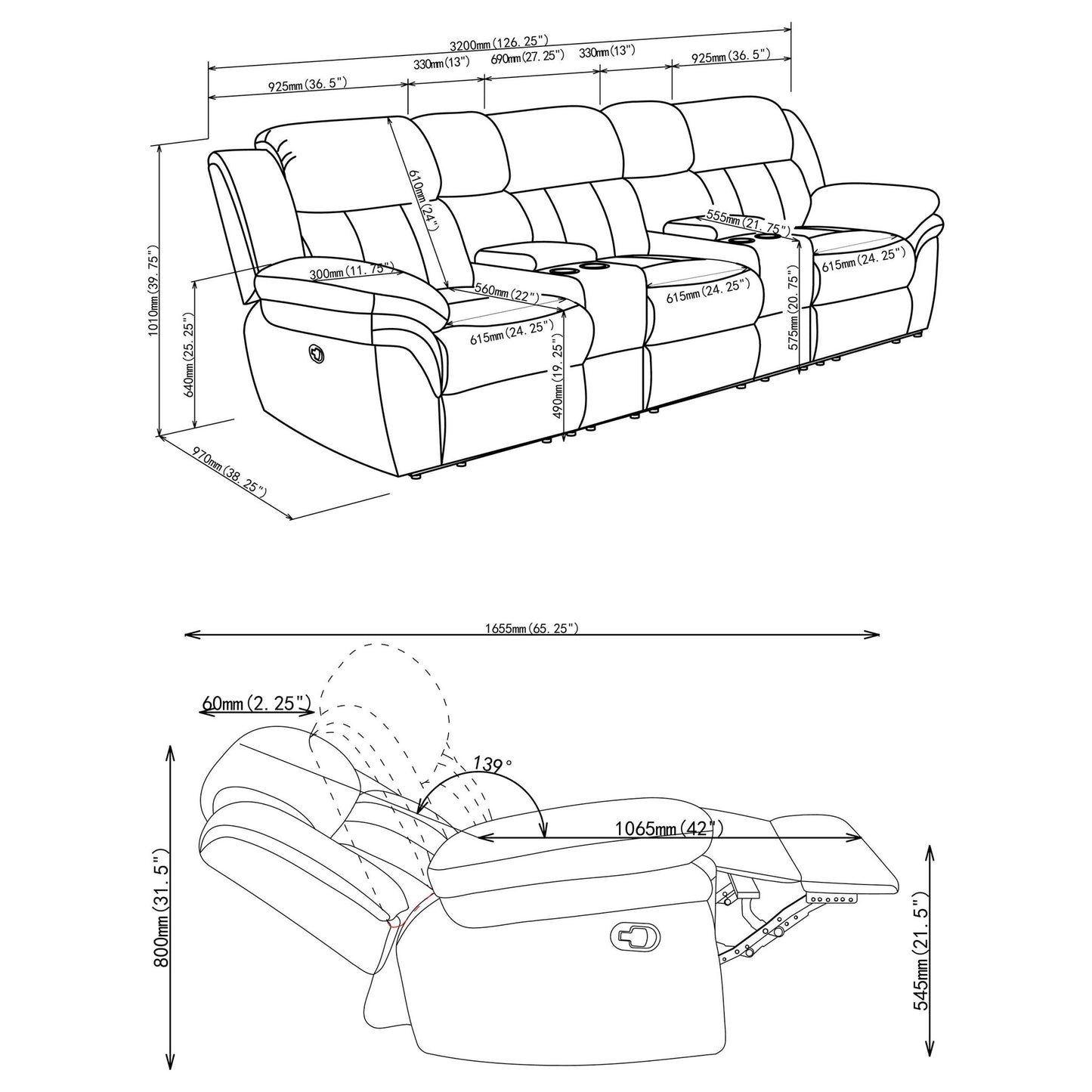 Divine - 5 Piece Power Reclining Home Theater Seating Set With Memory Foam Cushions And Storage Consoles
