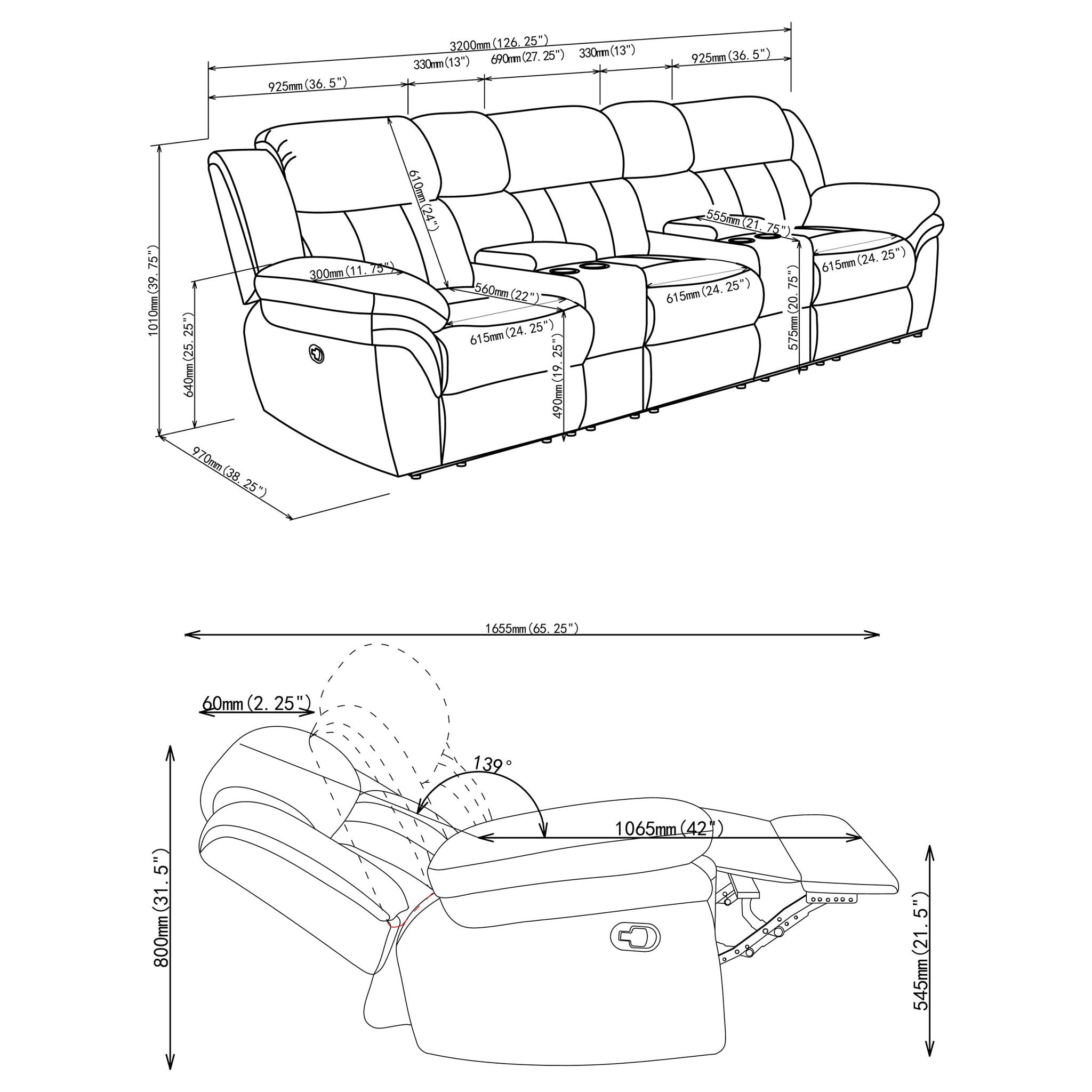 Divine - 5 Piece Power Reclining Home Theater Seating Set With Memory Foam Cushions And Storage Consoles