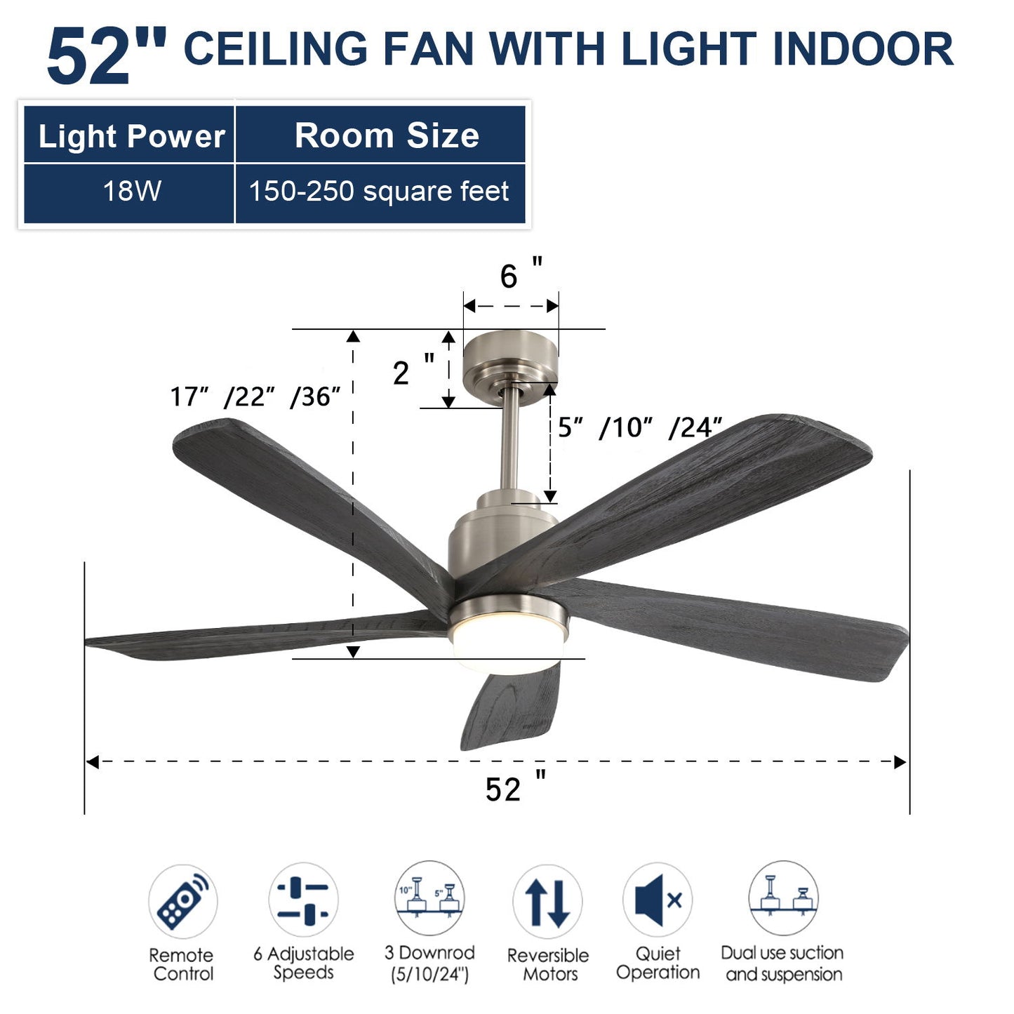 Modern Ceiling Fan With Dimmable LED Light 5 Solid Wood Blades Remote Control Reversible Dc Motor With Smart App Control - Nickel