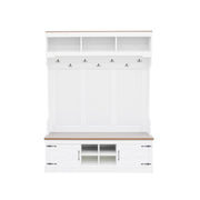 Hall Tree With Bench And Shoe Storage, 5 In 1 Entryway Organizer Cabinet With Coat Rack, 4 Shoe Cubbies & 7 Hooks - White