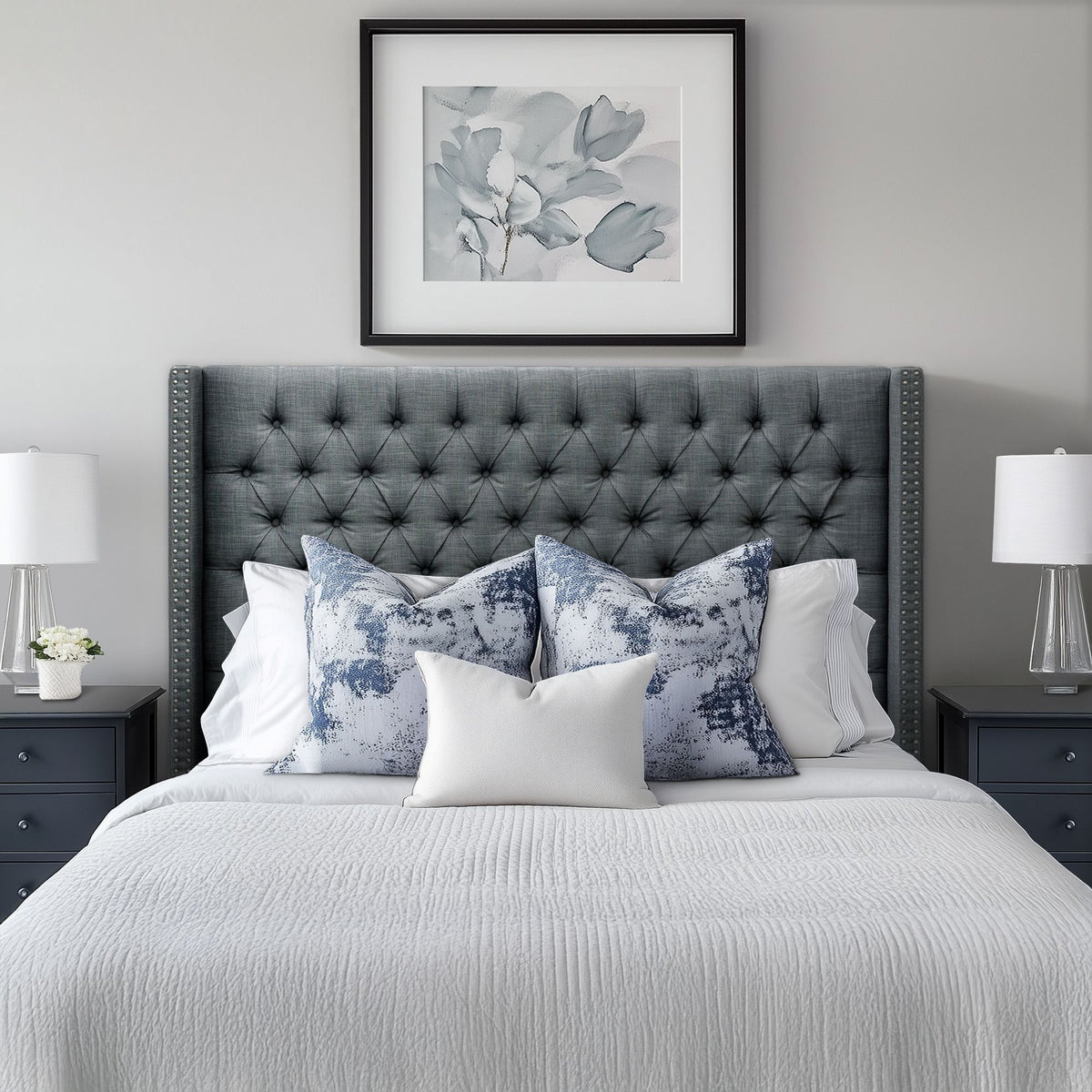 Amelia - Upholstered Wingback Headboard With Button Tufting & Nailhead Trim Woven - Dark Gray