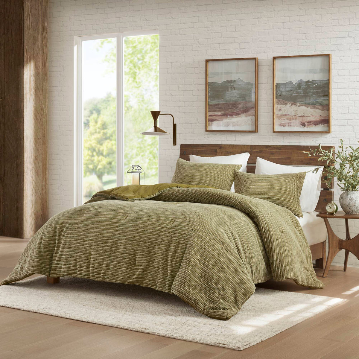 Lyon - 3 Piece King/California King Waffle Washed Comforter Set - Green
