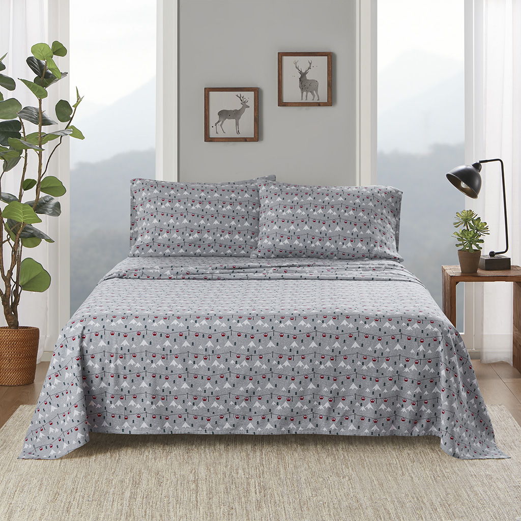 Flannel - 4 Piece California King Sheet Set - Gray Ski Jump