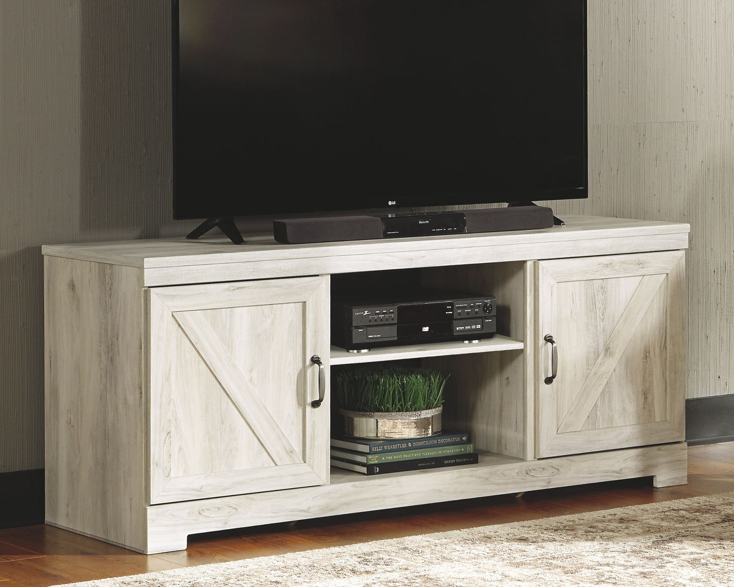 Bellaby - 63" TV Stand With Faux Firebrick Fireplace Insert - Whitewash