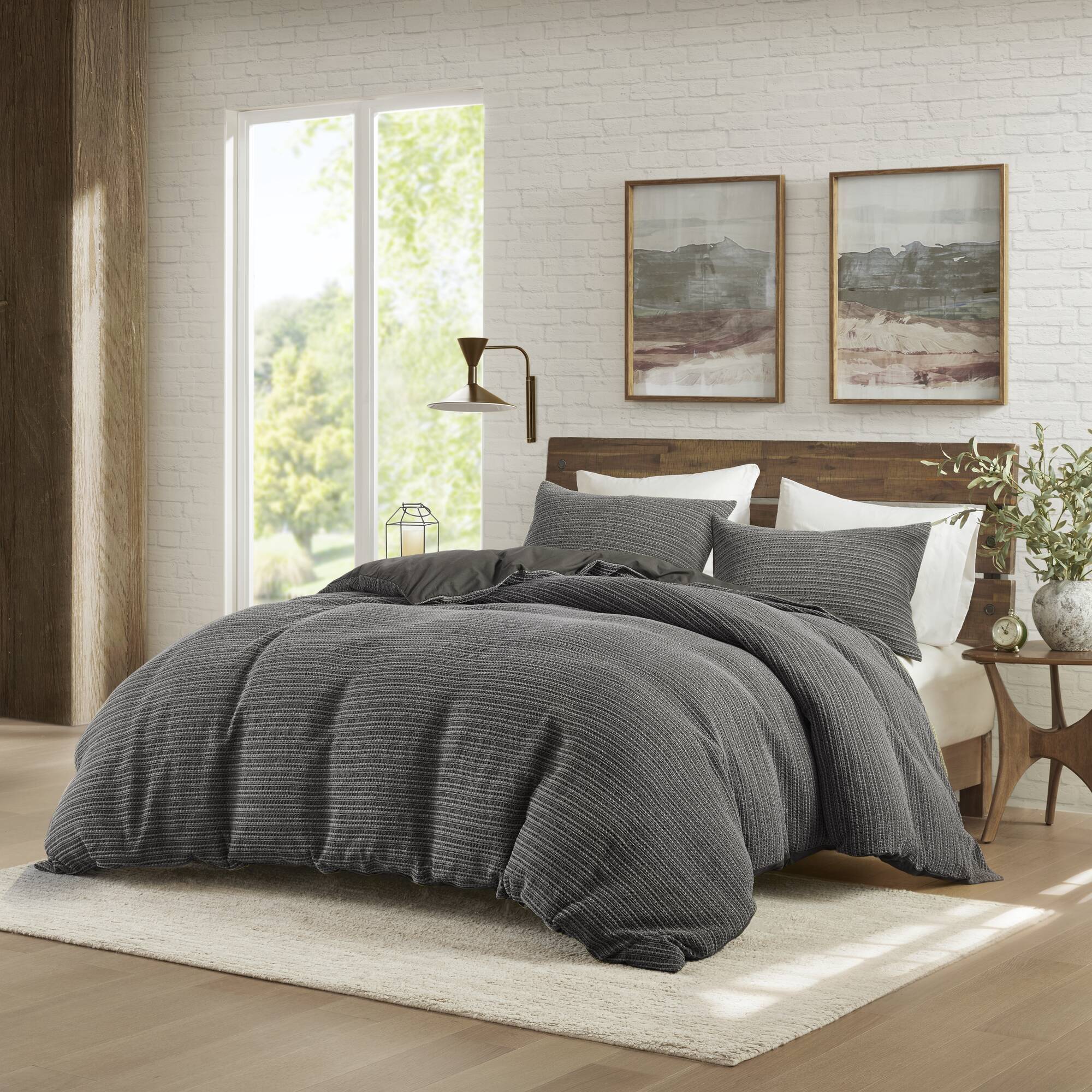 Lyon - 3 Piece King/California King Waffle Washed Duvet Set - Charcoal