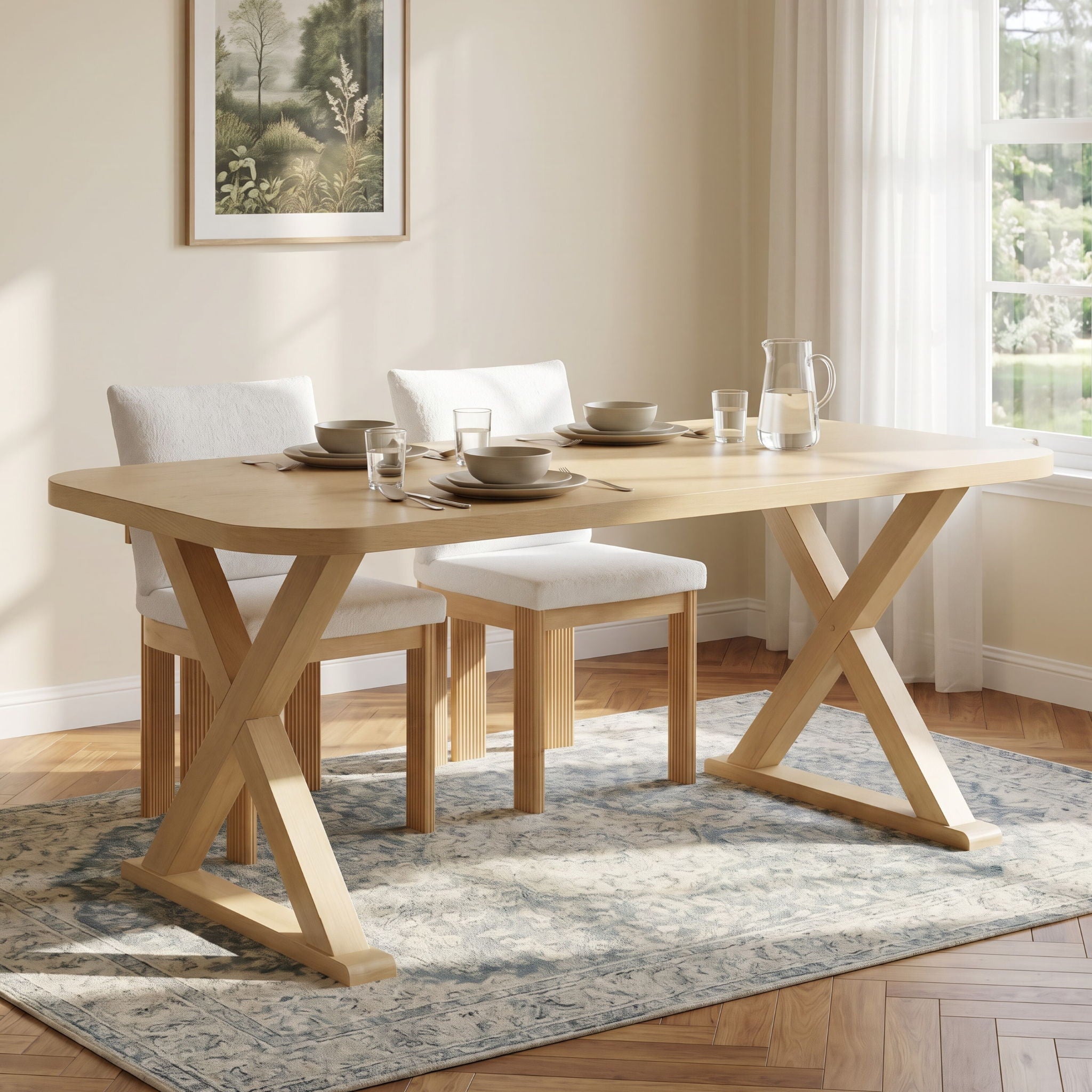 Dining Table With X-Shaped Legs, Rectangular Indoor - Natural