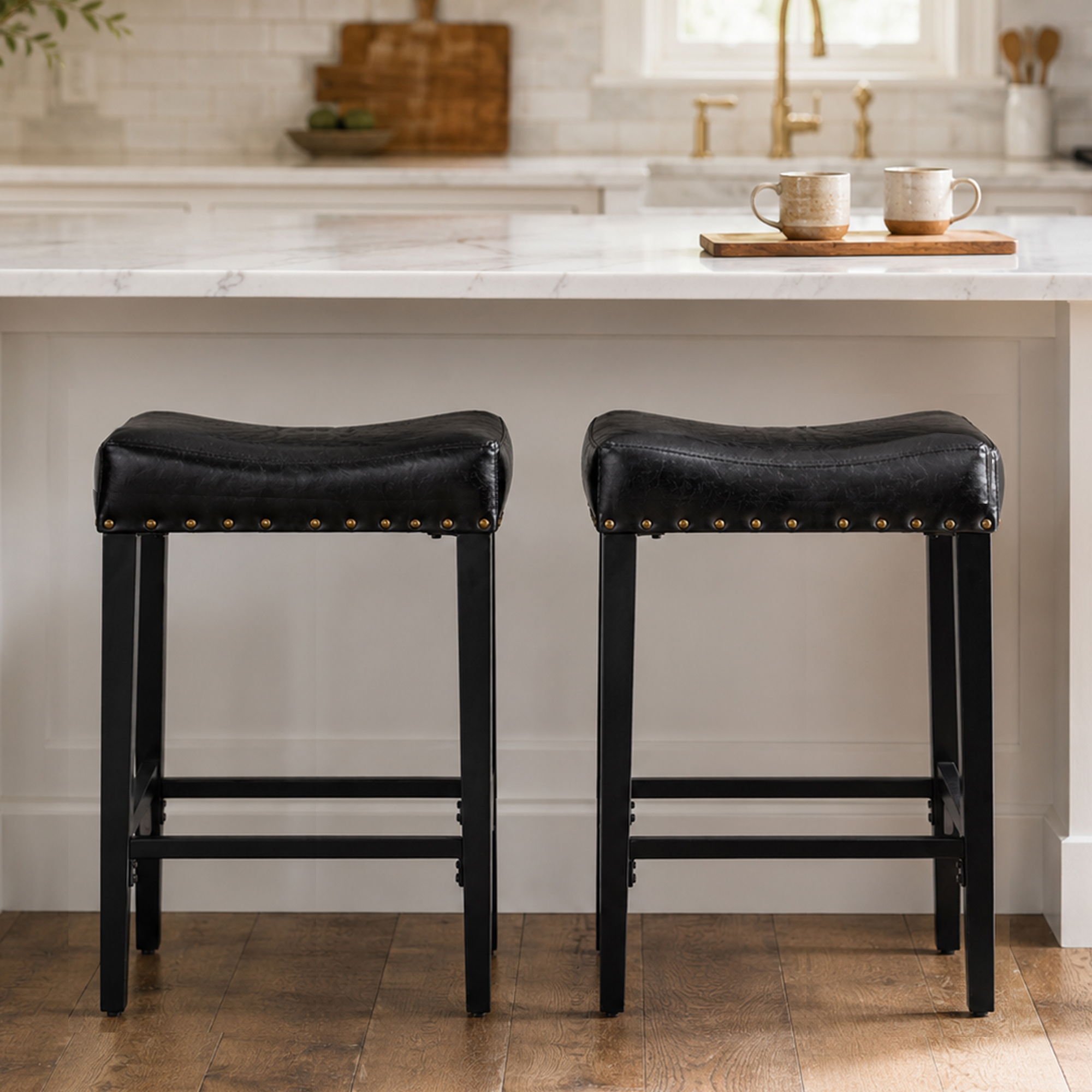 Bar Stool With Brass Nailhead Trim (Set of 2) - Black