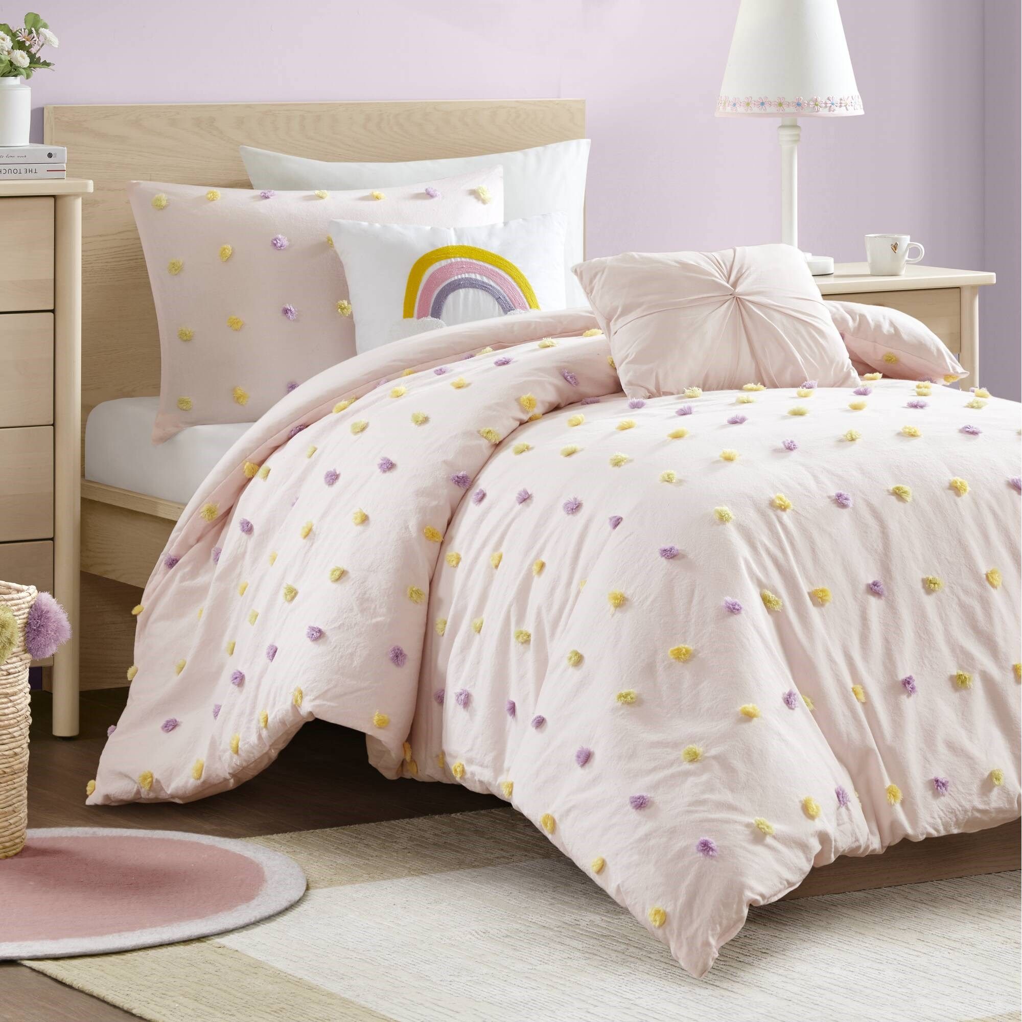 Callie - 4 Piece Twin/Twin Long Pom Pom Comforter Set - Pink Multi