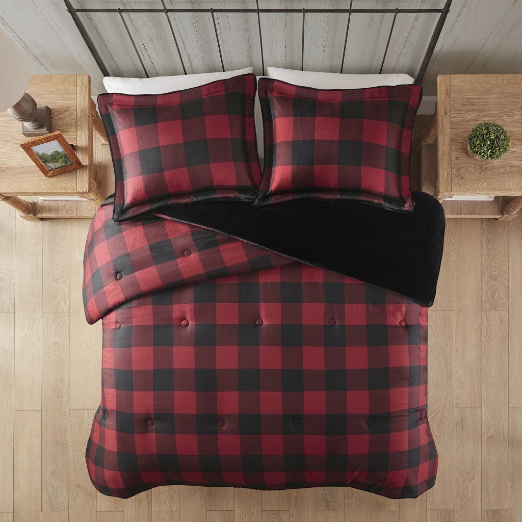 Bernston - Faux Wool to Faux Fur Down Alternative Comforter Set - Red Buffalo Check