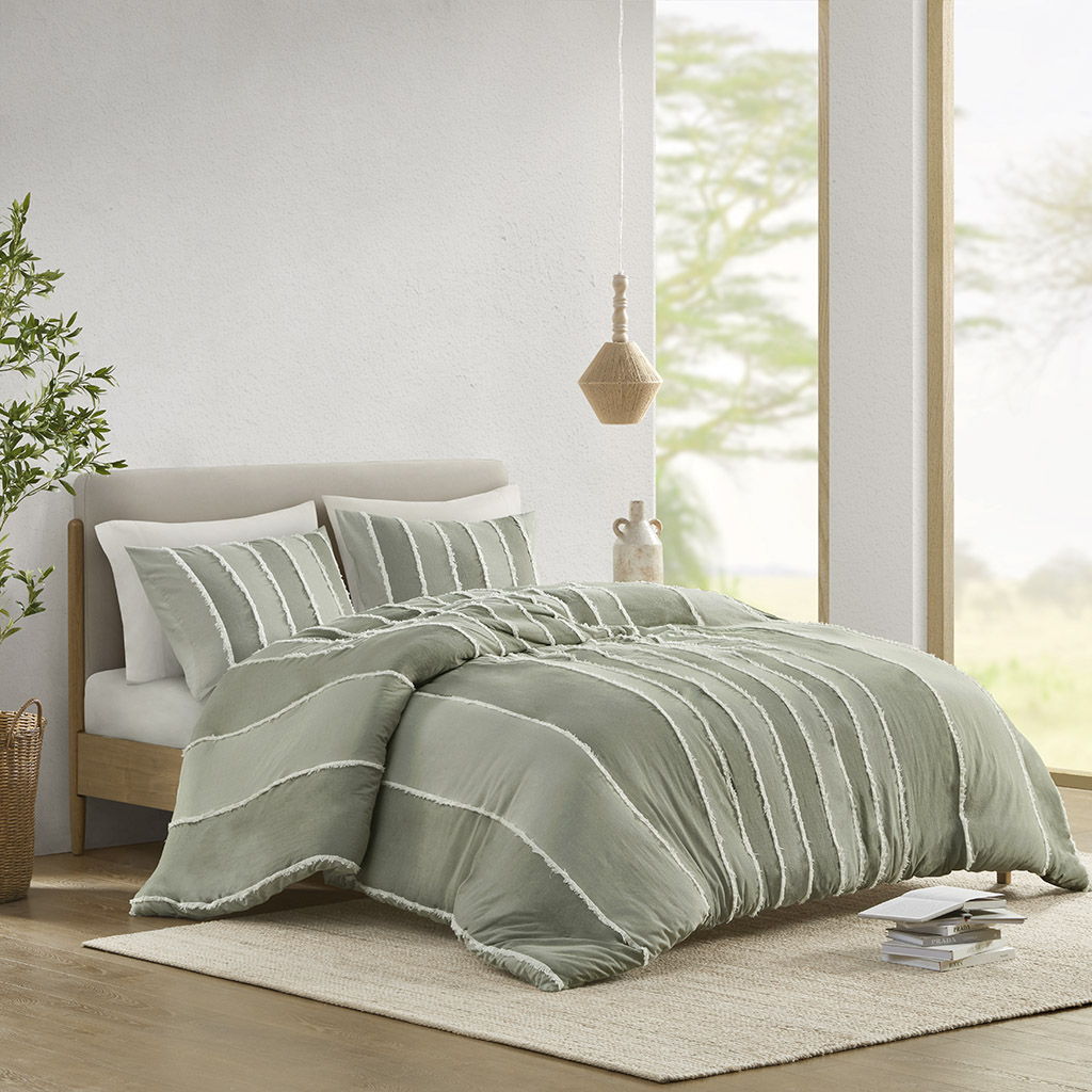 Shay - 3 Piece Striped Cotton Duvet Cover Set - Green