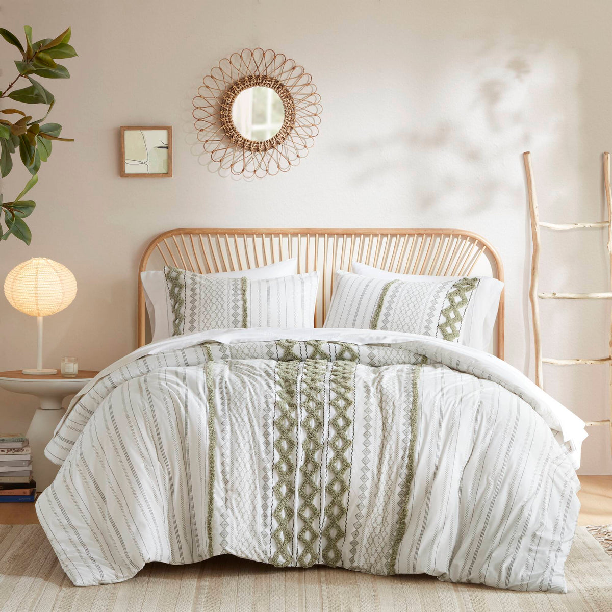 Imani - 3 Piece Full/Queen Printed Duvet Cover Set - Sage/Ivory