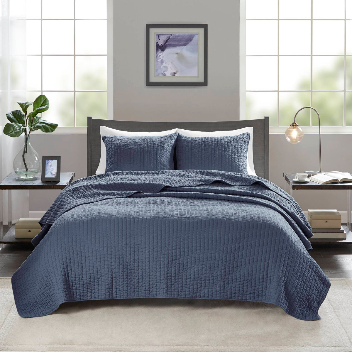 Keaton - King Reversible Coverlet Set - Navy