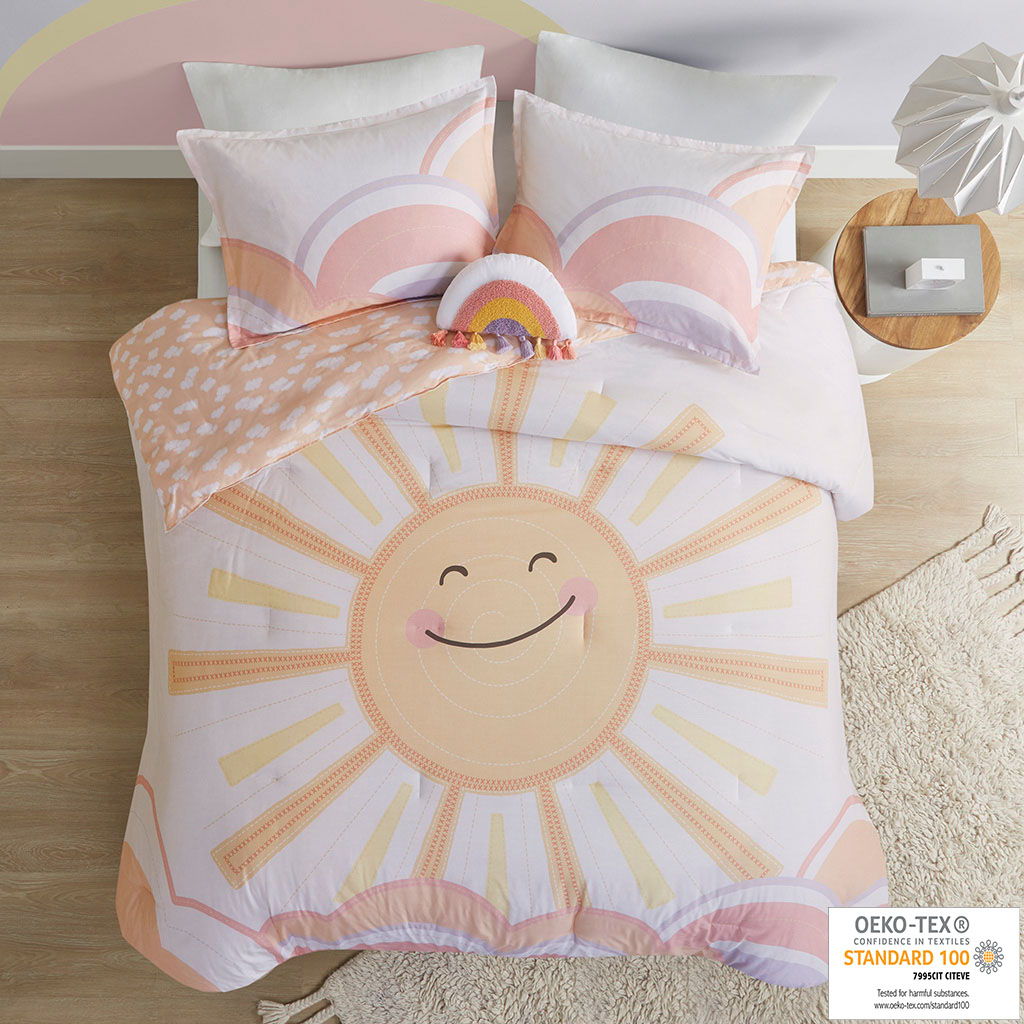 Dawn - Twin Sunshine Printed Reversible Comforter Set - Yellow / Coral