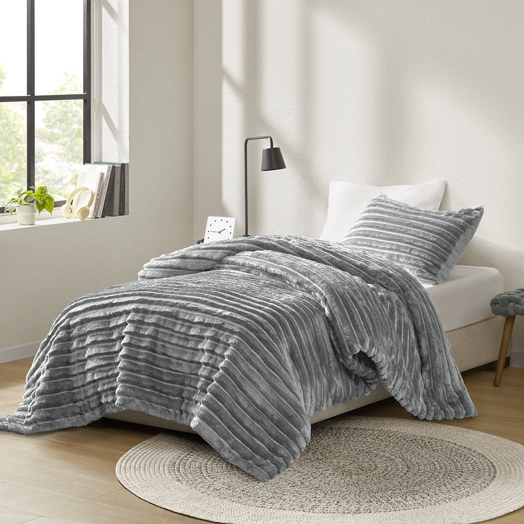 Avril - Twin/Twin Long Fluffy Ribbed Plush Comforter Set - Gray