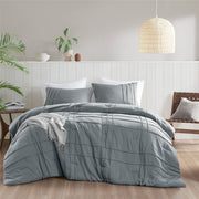 Porter - Queen Soft Washed Pleated Comforter Set - Blue / Gray