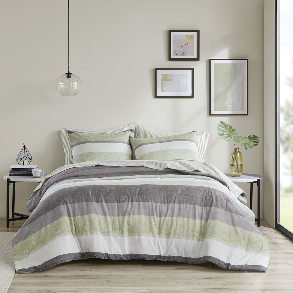 Jaxon - 5 Piece Twin Stripe Comforter Set With Bed Sheets - Green / Gray