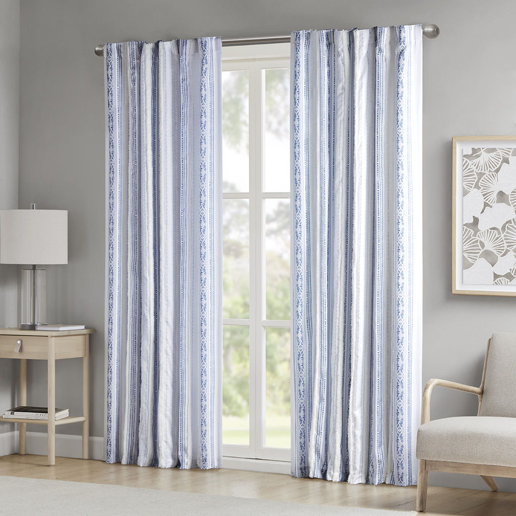 Veronica - 50x95" Poly Printed Curtain Panel With Tufted Stripe And Lining - White / Navy